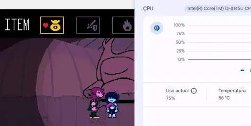 Screenshot showing 2 windows: one is Deltarune, an RPG game; the other is Diagnostics, a program to check CPU usage, temp, speed, etc.
