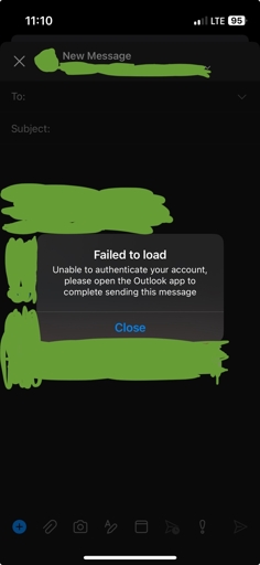 An image where a user has tried to compose an email in the mobile Outlook app, only to be given a warning that says "Failed to load" "Unable to authenticate your account, please open the Outlook app to complete sending this message"