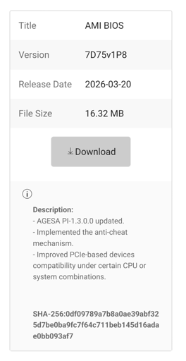 A screenshot from MSI website showing the description of a BIOS update. One of the mentioned changes is "Implemented the anti-cheat mechanism."