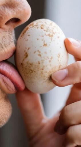 Close-up-Foto einer männlich gelesenen Person, die mit ihrer Zunge an einem Hühnerei leckt.