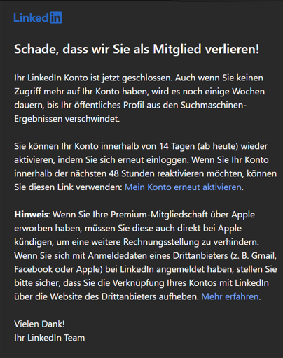 Screenshot of the "Sorry to see you go" e-mail from LinkedIn in German